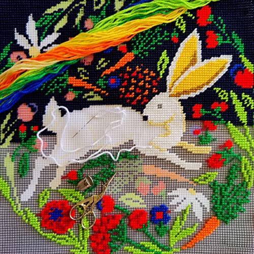 Brvsk Tapestry Embroidery Kit for Adults and Beginners — Hare on Black 16″ × 16″ with Clear, Precise Printed Design on Cotton Canvas; Includes 2 Needles, Yarn, and Easy-Read Chart - color: Hare