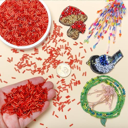 4200pcs Glass Bugle Beads, Mini Long Tube Seed Beads Bulk, Tiny Small Loose Spacer Embroidery Beaded for Bracelets Jewelry Making Sewing, Crafts, Christmas Ornaments, 2×6mm, Red - color: Red