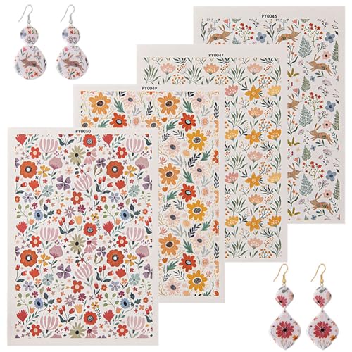 KABAKE Polymer Clay Transfer Paper 4 PCS Colorful Flowers Water Soluble Transfer Sheet for Earrings Jewelry Making - color: Flower