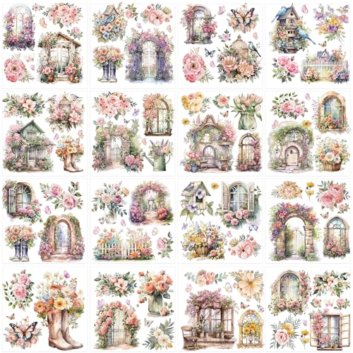 16 Pcs Garden Birds Rub-On Transfers for Furniture & Crafts - style: Pink Garden