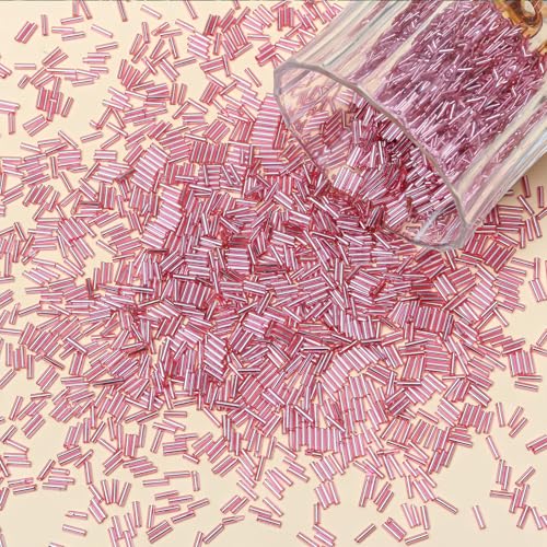 4200pcs Glass Bugle Beads, Mini Long Tube Seed Beads Bulk, Tiny Small Loose Spacer Embroidery Beaded for Bracelets Jewelry Making Sewing, Crafts, Christmas Ornaments, 2×6mm, Pink - color: Light pink