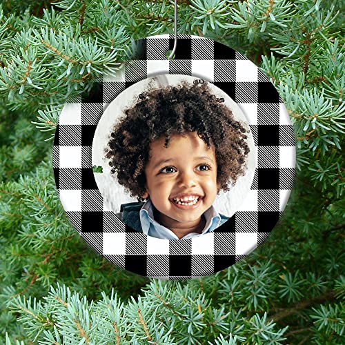 The Original Mini Photo Christmas Ornaments, Magnetic Easy-Load Rustic Buffalo Plaid Picture Frame Ornament, Includes Photo Protectors Plus Hooks for Hanging, Round, Black and White 6-Pack - color: Black and White
