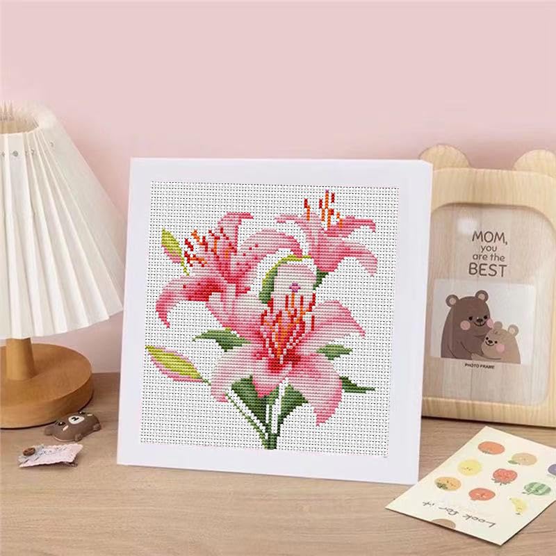 VIGEGU Lily Stamped Cross Stitch Kits for Adult Beginner with Wooden Frame - color: lily Cross Stitch with Framed