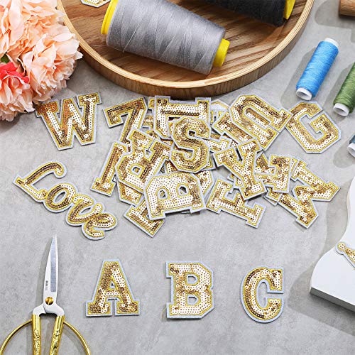 54 Pieces Iron on Sequin Letters Alphabet Patches Iron on Appliques Love Design Sew on Patches Glitter Hotfix for Bag Shoes DIY Craft Supplies(Gold) - color: Gold