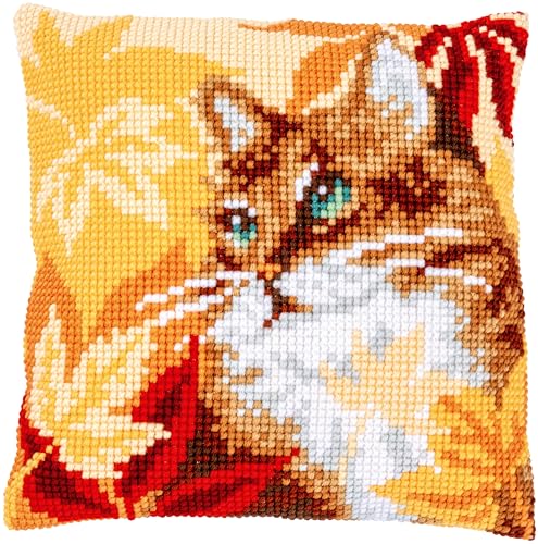 Vervaco Stamped Cross Stitch kit Cushion Katze mit Herbstlaub, 40x40cm, DIY - color: off-white