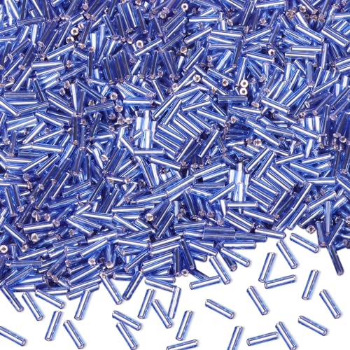 4000pcs Blue Bugle Beads Bulk -Embroidery Beads,Long Tube bead for Jewelry Making, Bracelet Necklaces Supplies,Craft DIY(7x2mm) - color: Blue