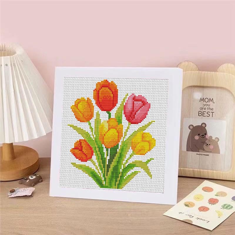 VIGEGU Tulip Stamped Cross Stitch Kits for Adult Beginner with Wooden Frame - color: Tulip Cross Stitch Kits for Beginners