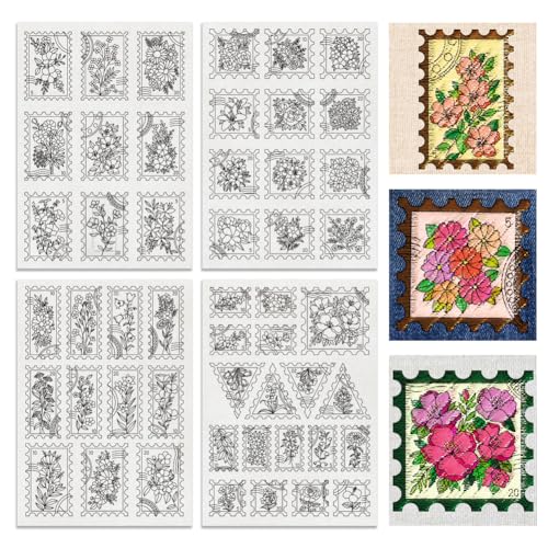 BENECREAT 4Sheets 50Pcs Botanical Stamps Water Soluble Embroidery, 11.7x8.3inch Flowers, Leaves Stick and Stitch Embroidery Paper Stabilizer for Shirts, Coats, Bags - style: Botanical Stamps