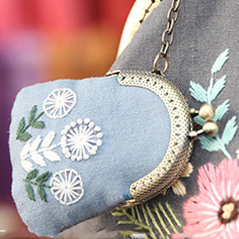 NOIAFZY 1pcs DIY Embroidery Mini Coin Purse Kit with Necklace & Keychain - Versatile Sweater Chain or Bag Charm, Includes Printed Fabric, Thread, Needle & Instructions