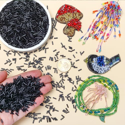 4200pcs Glass Bugle Beads, Mini Long Tube Seed Beads Bulk, Tiny Small Loose Spacer Embroidery Beaded for Bracelets Jewelry Making Sewing, Crafts, Christmas Ornaments, 2×6mm, Black - color: Black