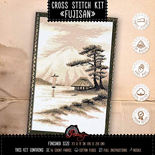 Povitrulya Cross Stitch Kit 'Fujisan', Japanese Landscape - 7.1" х 11", 16 Count Aida Cloth - Needlepoint Set for Adults with Mount Fuji Landscape Pattern - size: Fujisan - 7,1" х 11" (18 х 28 cm)