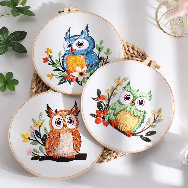 Konrisa Owl Embroidery Kit for Beginners Adult, Embroidery Starter Kit with Cloth Hoops Threads DIY Sewing for Craft Lover Hand Stitch Needlepoint Kits - color: owl