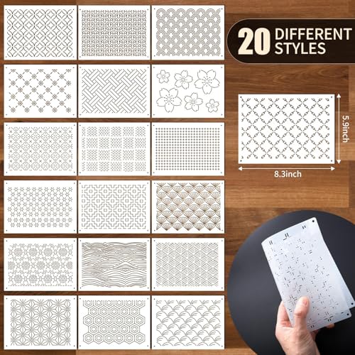20 Pcs Plastic Sashiko Stencil 8.3 x 5.9 Inch Sashiko Template Drawing Line Quilting Stencil Geometric Embroidery Pattern Stabilizers for Sewing Hand Quilting and Embroidery - size: 8.3 x 5.9 inch
