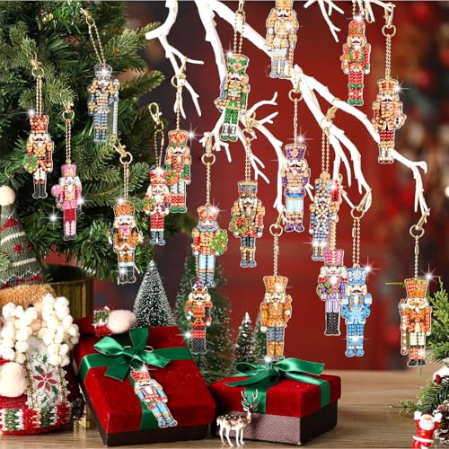 Tondiamo 20 Pcs Christmas Diamond Painting Keychain Kits 5d DIY Christmas Nutcracker Diamond Art Pendants Double Sided Hanging Key Chains Xmas Craft Gifts for Adult Holiday Party Decoration DIY - style: Nutcracker Style