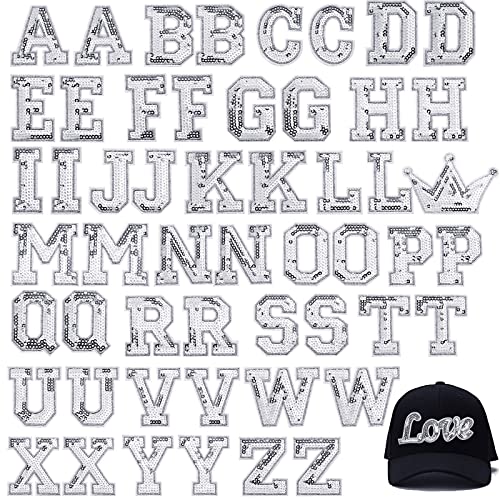 54 Pieces Iron on Sequin Letters Alphabet Patches Iron on Appliques Love Design Sew on Patches Glitter Hotfix for Bag Shoes DIY Craft Supplies(Silver) - color: Silver