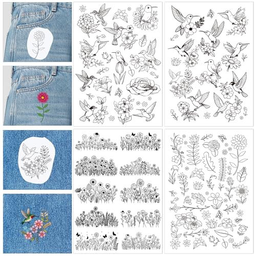 Water Soluble Embroidery Patterns Stabilizers, 4 Sheets Hummingbird Floral Stick and Stitch Papers Wash Away, Bird Animal Flower Transfers Papers DIY Crafts Gifts for Hand Sewing Lover Beginners - size: Hummingbird flower