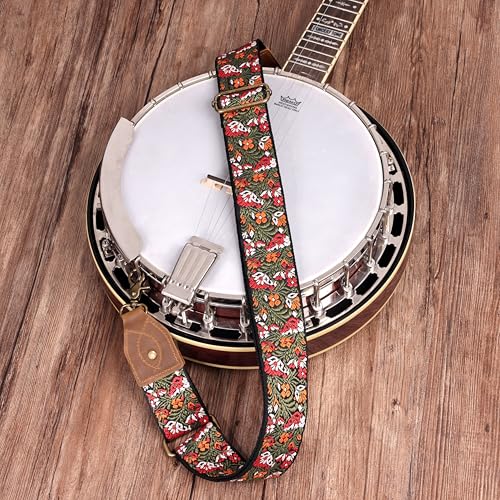 Nefelibata Banjo Strap,2"Wide Double Crazy Horse Leather Jacquard Embroidery Strap Adjustable Replacement,Multi-pattern Strap With Metal Clips - color: A#-green Embroidery