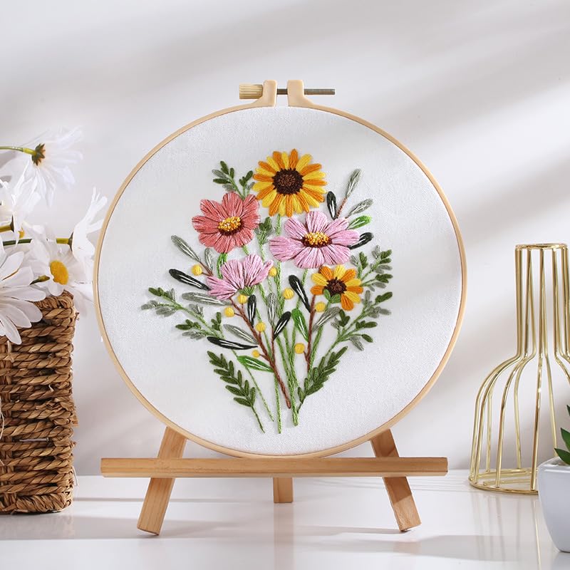 Qupace 3 Pcs Flowers Plants Embroidery Kits for Beginners Adults,Cross Stitch Sewing Craft Set, 3 Embroidery Hoops,3 Finished Stands, Floral Needlework Kit - color: Pink