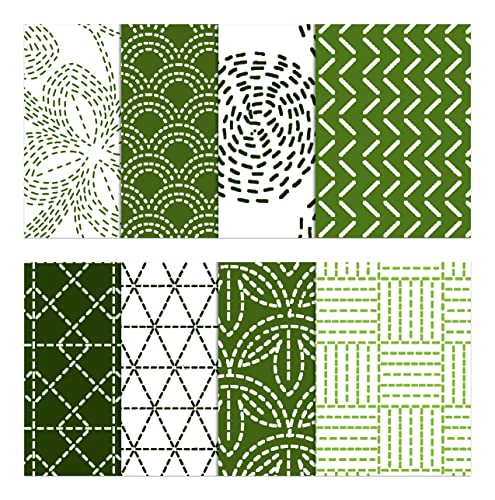 Soimoi 8 Pc Fat Quarter Bundle Japanese Sashiko Print 18"x 22" DIY Patchwork- 100% Cotton Pre-Cut Quilting Fabric White & Green