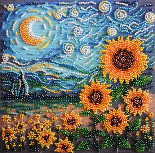 Wizardi Bead Embroidery kit - Sunflowers in Night's Embrace. Colorful Beads, Beading Needles. DIY Kit. Embroidery for Beginners. Home Decor. AMB-111 Abris Art - color: Sunflowers in night's embrace