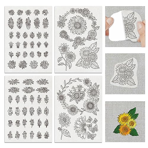 BENECREAT 4 Sheets 70PCS Stick and Stitch Embroidery Paper, Sunflower and Flower Theme Stabilizer Water Soluble Hand Sewing for Carves, Shirts, Coats, Bags, Towels - color: Sunflower and Flower