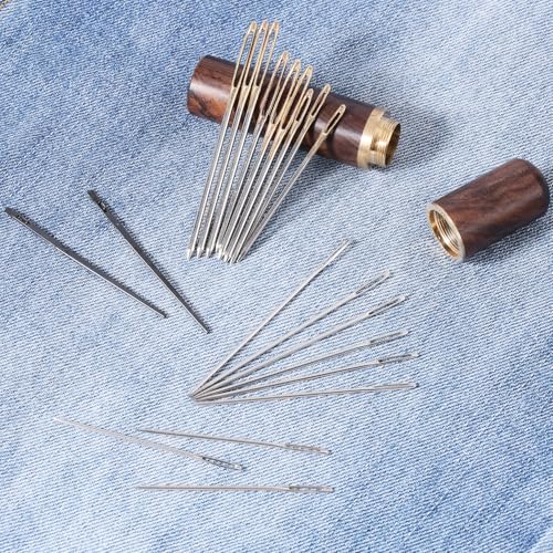 20pcs Large Eye Sewing Stainless Needles, Big Eye Embroidery Needles Steel Blunt & Sharp Tapestry Needle Hand Knitting Needle with Wooden Case for Leather Stitching Quilting Crochet Weaving Project
