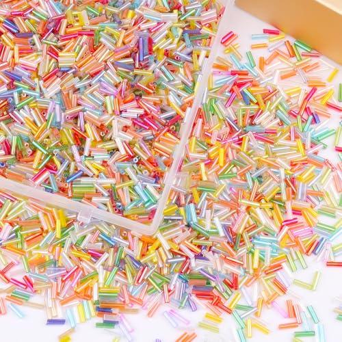 4000 Pcs Rainbow Mix Glass Bugle Beads, 2 x 7 mm Embroidery Beads, Small Long Tube Seed Beads for Embroidery Craft Jewelry Making - color: Rainbow Mix
