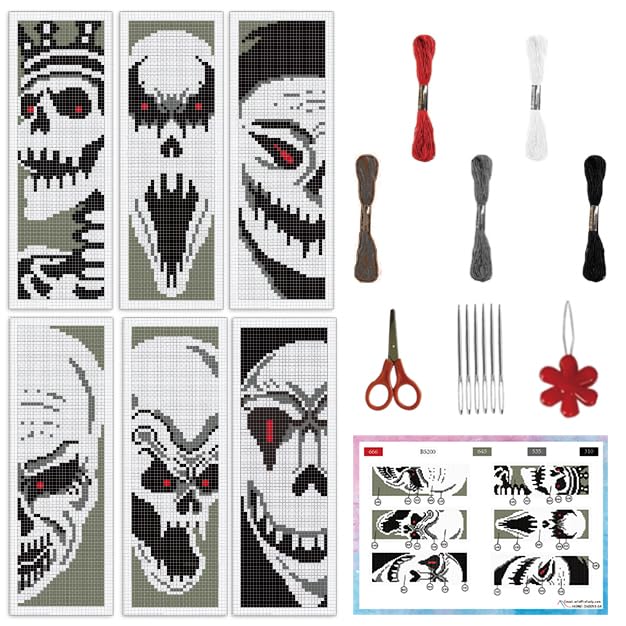 INFUNLY 6PCS Skull Theme Cross Stitch Kit for Beginners 8.5x3 DIY Bookmarks Cross Stitch Kits Black White Horror Embroidery Cross Stitch Kits with Backing Felt Floss Instruction for Book Lovers - style: 6PCS Skull Theme