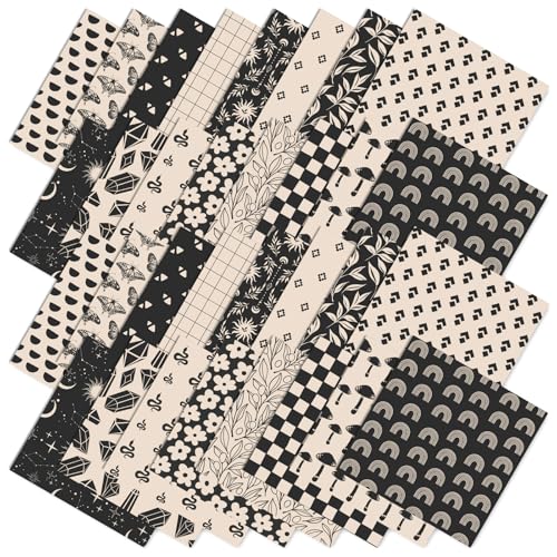 JarThenaAMCS 32Pcs Boho Ivory Charm Square 5-Inch Cotton Fabric Squares Bundles Black Beige Rainbow Mushroom Flower Quilting Sewing Fabrics for DIY Handmade Craft Decor