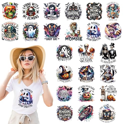 Dazoratix Halloween Iron on Transfers - 24 Sheets Ghost DTF Ready to Press Heat Patches Vinyl Designs Horror Stickers Decals for T Shirts Clothes Hoodies Pillow Bag Hat DIY Crafts Appliques Decoration - style: Halloween Ghost