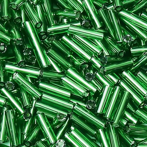 4200pcs Glass Bugle Beads, Mini Long Tube Seed Beads Bulk, Tiny Small Loose Spacer Embroidery Beaded for Bracelets Jewelry Making Sewing, Crafts, Christmas Ornaments, 2×6mm, Dark Green - color: Lime green