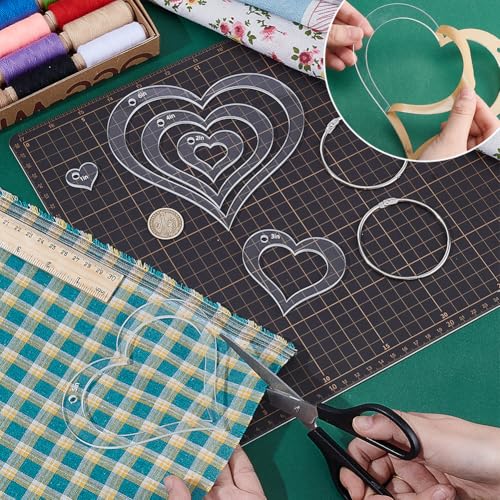 NBEADS 6Pcs Acrylic Quilting Templates Set with Hinged Rings, Cutting Ruler Template Transparent Heart Sewing Guides 0.98x0.78inch to 5.91x5.31inch for Fabric Marking and Craft Design - style: Heart