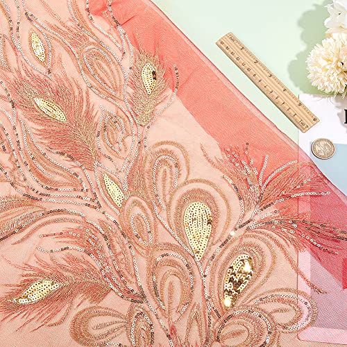 NBEADS Embroidery Lace Patches, Red Peacocks Tail Fabric Sequin Peacock Lace Applique with Paillette Sew on Patches Repair Patches for DIY Clothing Wedding Dressing Decoration - color: Red Peacocks Tail-1 Pc