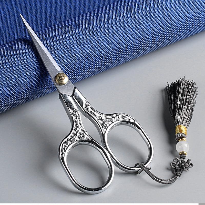 Vintage Craft Scissors Stainless Steel Square Handle Household DIY Embroidery Thread Scissors for Sewing Cutting Cloth with A Chinese Knot (silver) - color: Silver