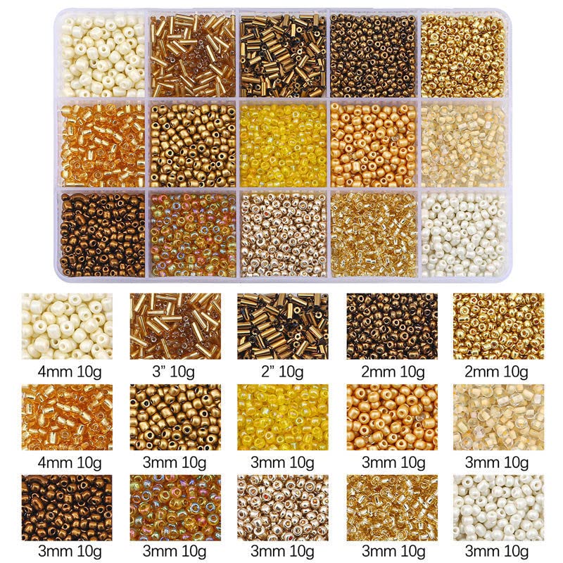 15 Grid Gold Glass Seed Bugle & Tube Beads Kit for Jewelry Making DIY Craft - color: Gold, size: 15 Grid