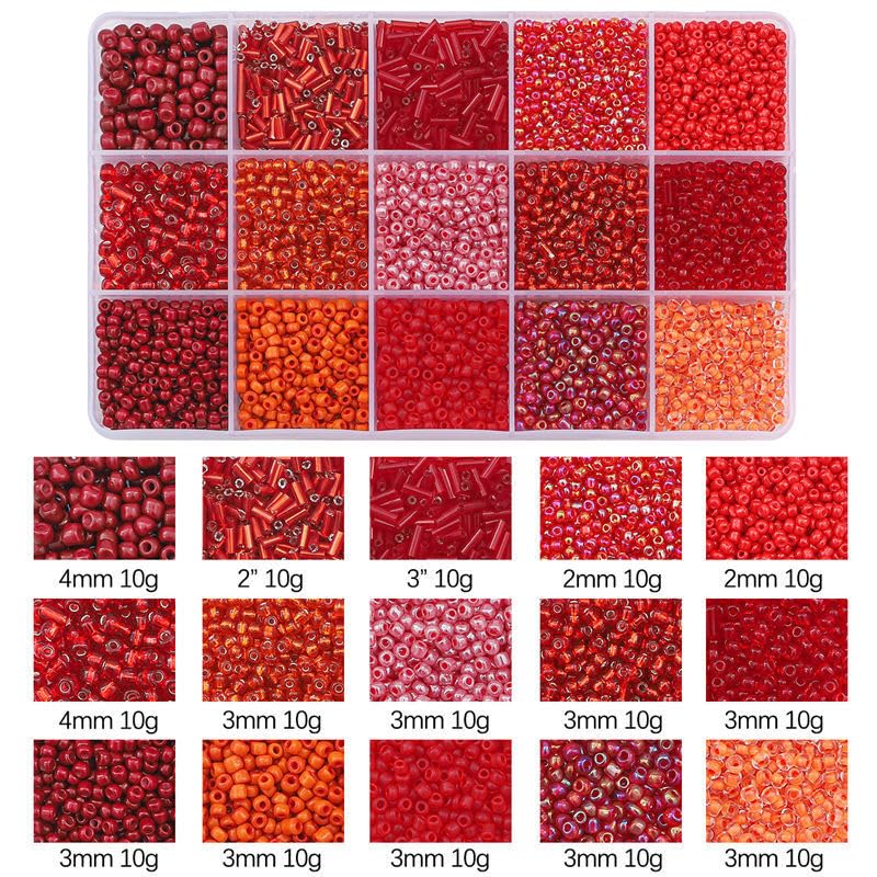 15 Grid Red Glass Seed Bugle & Tube Beads Kit for Jewelry Making DIY Craft - color: Red, size: 15 Grid