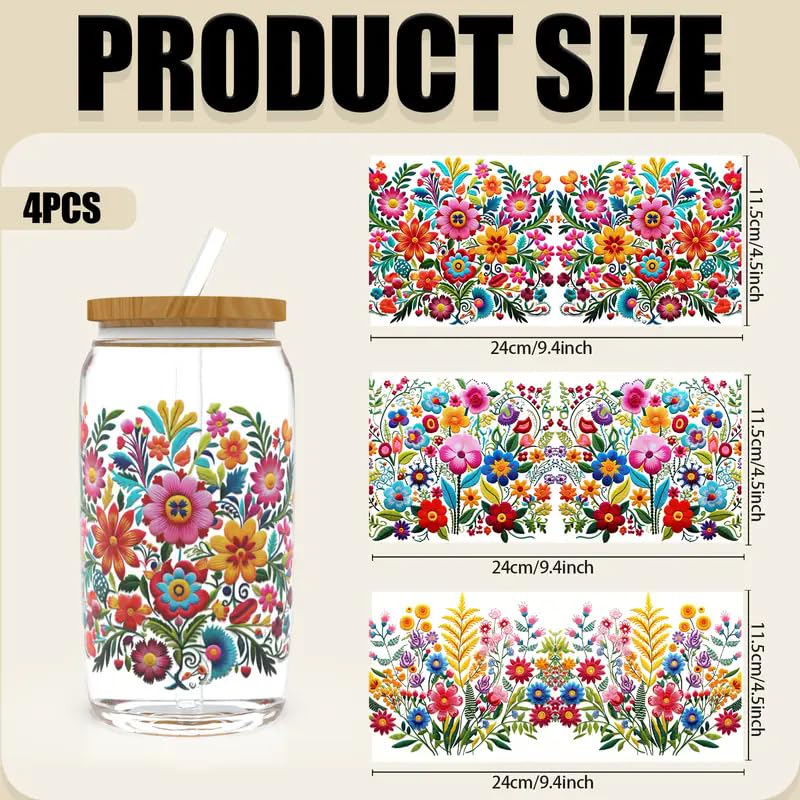 4pcs Mexican Floral Floral Leaf UV DTF Cup Wraps Transfer Waterproof Sticker for Glass Cups Furniture Craft DIY Crafts，Rub on Transfer Stickers for DIY Water Bottle Laptop Decal Wood Car