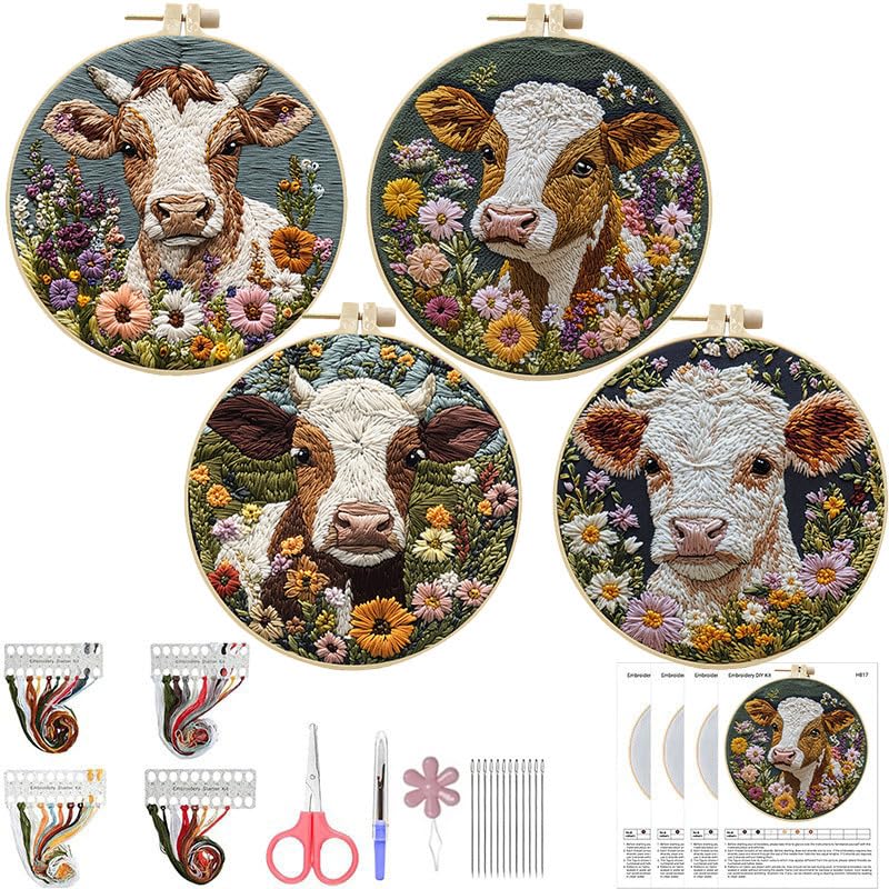 LB 4 Pack Farmhouse Cow Embroidery Kit for Beginners Rustic Floral Plant Beginner Embroidery Kit for Adults DIY Starter Kit with Embroidery Hoop Colorful Threads Tools and Instructions - color: White