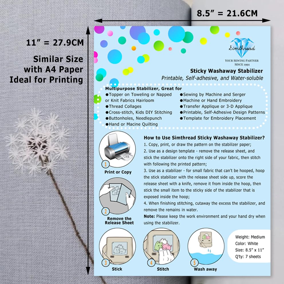 Sticky Wash Away Embroidery Stabilizer Self-Adhesive Printable 8.5" x 11" 7pcs / Pack - size: 8.5" x 11" 7PCS