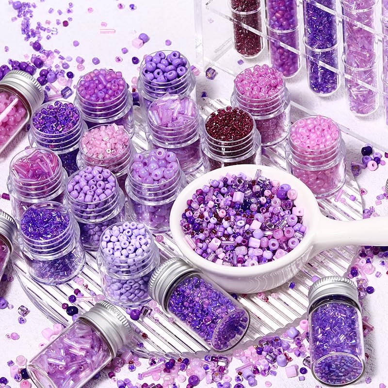24 Grid Purple Glass Seed Bugle Tube Beads Kit for Jewelry Making DIY Craft - color: purple, size: 24 Grid
