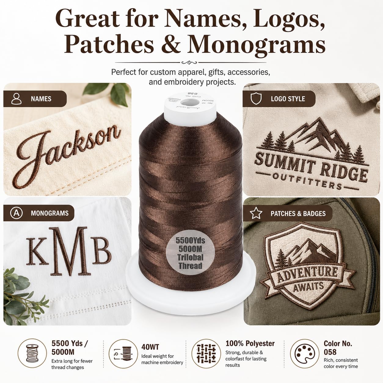 Simthread 5500Yds/5000M 40WT Polyester Embroidery Thread Dark Brown 058 - color: Dark Brown-058