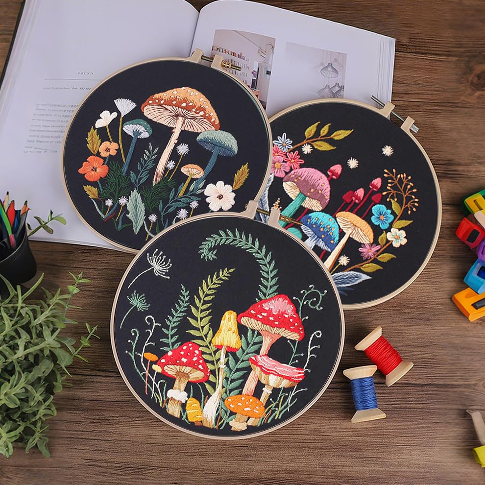 KEKEMEOW 3 Sets Embroidery Kit for Beginners, Stitches with Colorful Mushrooms Embroidery Stitch Practice kit for Adults Craft Lover, Cross Stitch Kit with Pattern、Instruction、Hoop - color: mushroom