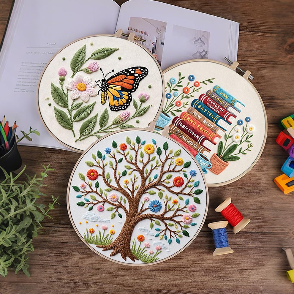 KEKEMEOW 3 Sets Embroidery Kit for Beginners, Stitches with Books and Flowers, Embroidery Stitch Practice kit for Adults Craft Lover, Cross Stitch Kit with Pattern、Instruction、Hoop - color: Book and flower