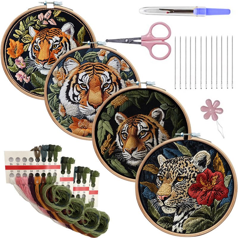 LB 4 Pack Wildlife Animal Leopard Embroidery Kit for Beginners Green Leaf Beginner Embroidery Kit for Adults DIY Starter Kit with Embroidery Hoop Colorful Threads Tools Step by Step Instructions - color: Green