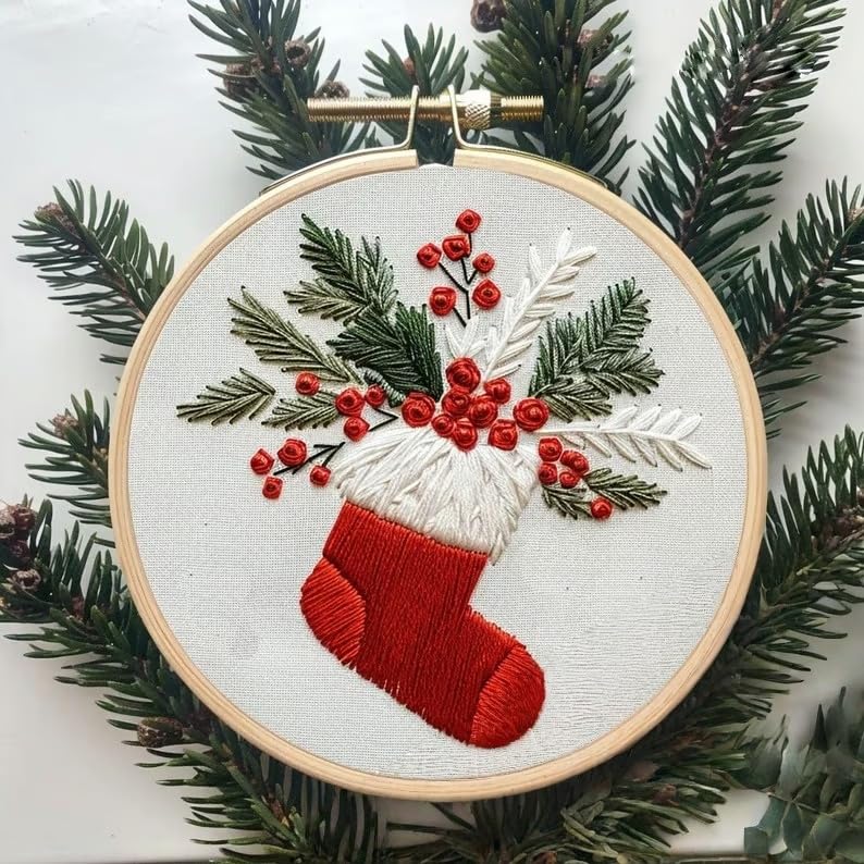 Christmas Embroidery Kit DIY Hand Embroidery Starter Cross Stitch Kits, Christmas Ornaments Embroidery with Stamped Pattern,Cotton,Threads,Needles,Instructions for Adults Beginners (Stocking) - color: Stocking