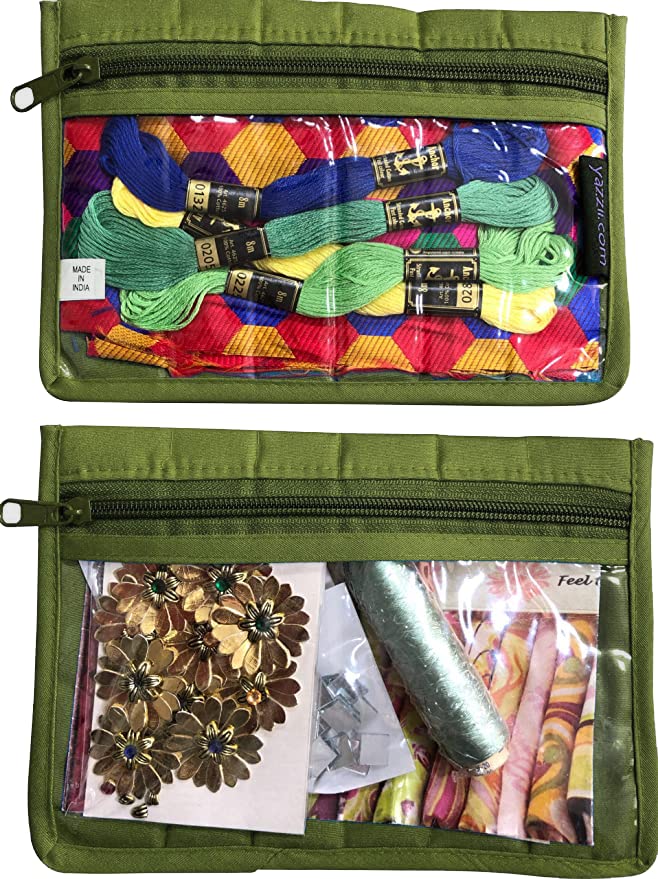 Yazzii Sewing Notions Pouch Set (2PC) - Portable & Multipurpose - Sewing Supplies Organizer for Thread Spools, Needles, Beads, Embroidery Floss, Fabric Pieces & More!-Green - color: Green, size: 8" x 5.25"