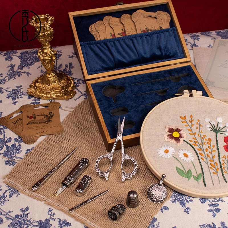 Vintage Embroidery Scissors Set, Stainless Steel with Wooden Case
