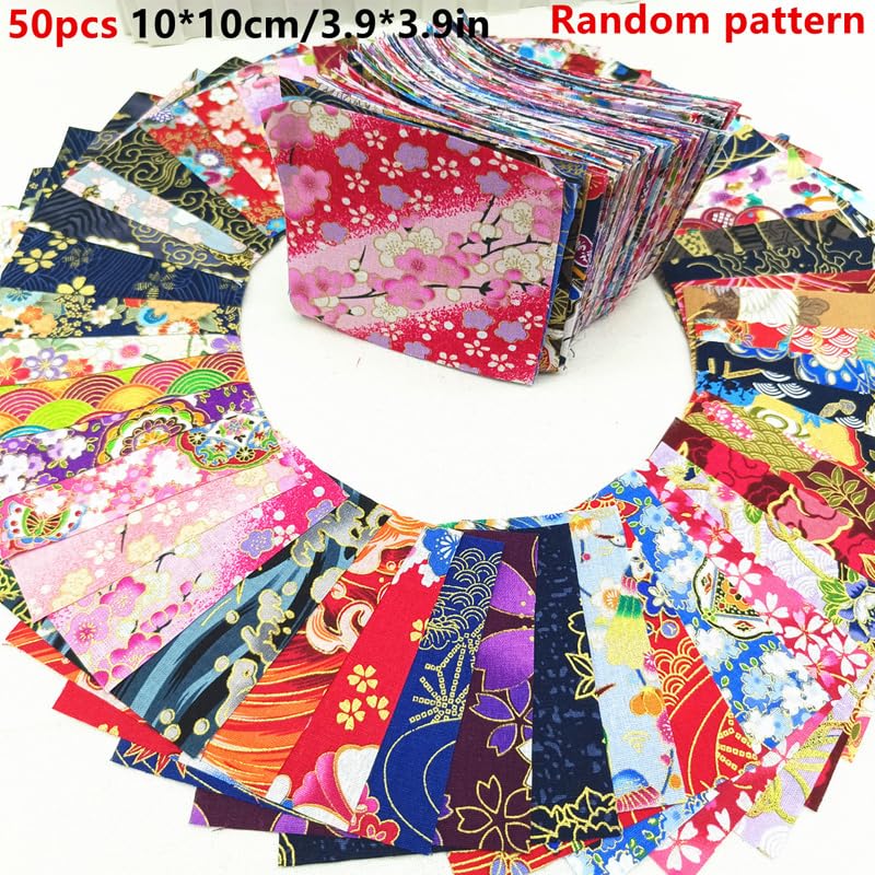 50Pcs Japanese Style Fabric Squares Fat Quarters Cotton Wrapping Cloth Quilting Fabric Bundles for DIY Patchwork Sewing,10x10cm