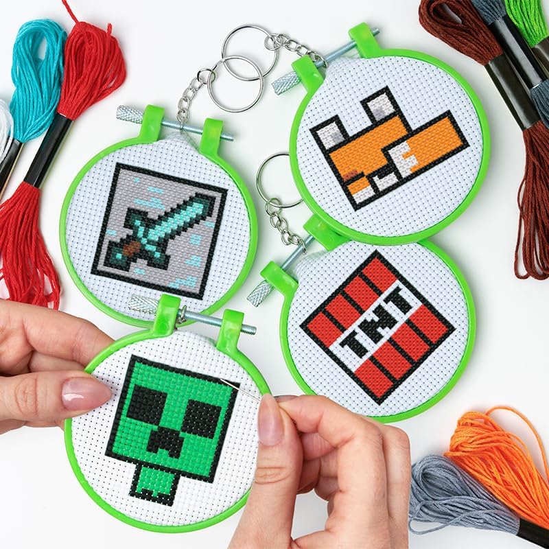 Paladone Minecraft Officially Licensed Cross Stitch Charm Set of 4, Creeper, TNT, Sword and Fox, Idea Gamer Gift for Boys and Gifts, Arts and Crafts DIY Gaming Decor and Accessory