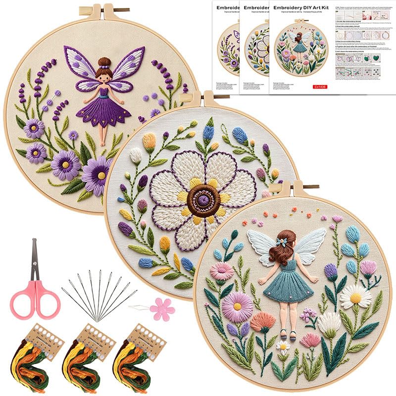 Konrisa Embroidery Kits for Adults, 3pcs Elf Flower Fairy Floral Embroidery Starter Kit DIY Sewing Practice with Hoop,Needlepoint Cross Stitch Kit - color: flower fairy